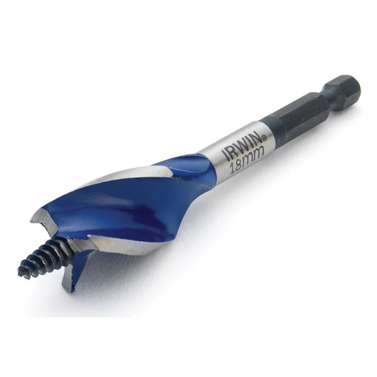 Photo of IRWIN 1921992 blue and silver wood drill bit with screw tip, angled on white background.