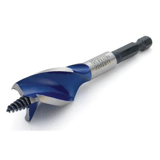 IRWIN 1921993 wood drill bit with blue blades and hex shank, close-up angle on white background.