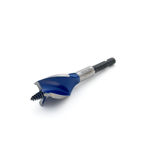 Photo of IRWIN 1921994 blue and silver wood drill bit with hex shank on white background.
