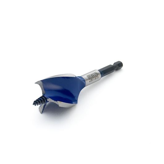 IRWIN wood drill bit 1921996, blue and silver, angled view on white background.