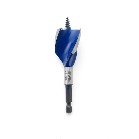 IRWIN blue wood drill bit, 28mm, SKU 1921996, front view on white background.
