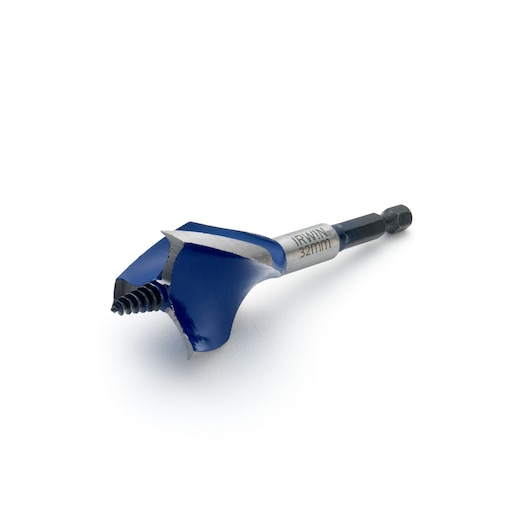 IRWIN 1921997 blue and silver wood drill bit, angled view on white background.