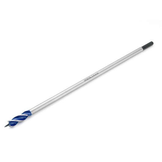 IRWIN extra long auger drill bit 1921998 with spiral flute and blue tip, angled on white background.