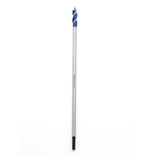 IRWIN 1921998 blue and silver long auger drill bit, front angle, white background.