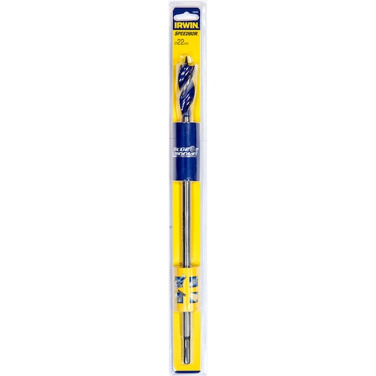IRWIN 1922002 blue and yellow Speedbor drill bit in retail packaging, front angle on white background.