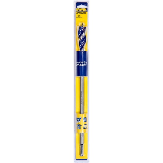 IRWIN Speedbor Blue Groove wood drill bit 25mm 1922003, packaged, front angle, photography.