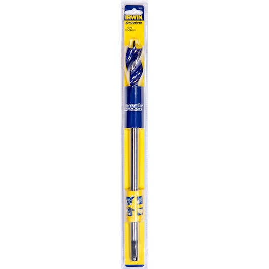 Photo of IRWIN Speedbor 32mm drill bit in yellow and blue retail packaging, front angle, 1922005.