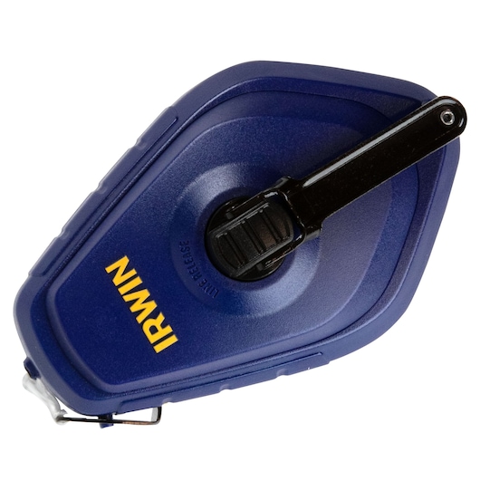 Photo of IRWIN chalk line reel, blue casing, SKU 1932874, product on white background, top view.