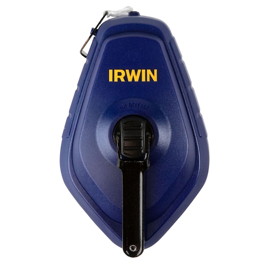 IRWIN 1932874 blue chalk reel, front view, with black winding handle and yellow logo on white background.