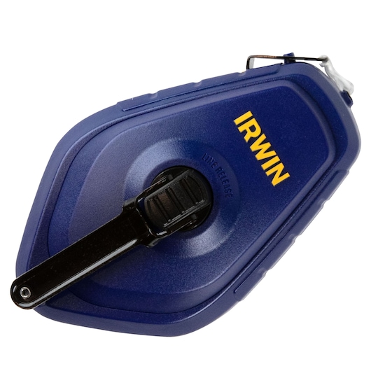 IRWIN 1932874 blue chalk reel with black winding handle, angled view on white background.