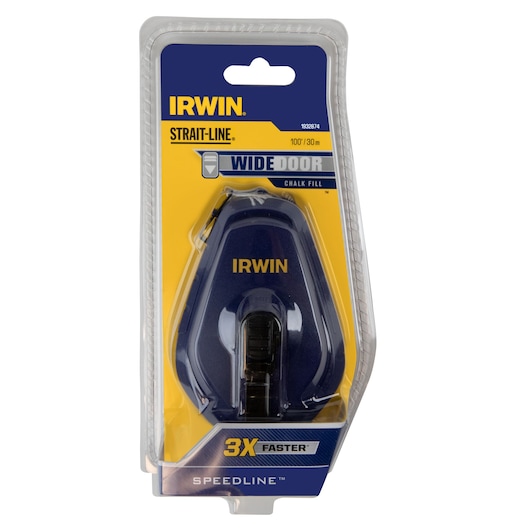 Photo of IRWIN 1932874 chalk line reel, blue plastic body in clear retail package, front view on white background.