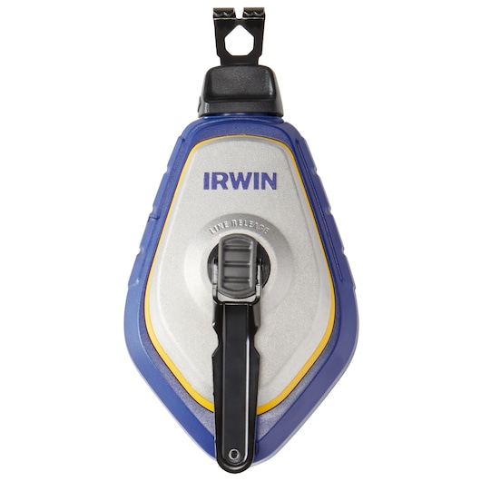 IRWIN chalk line tool 1932876, blue and silver body, front view on white background.
