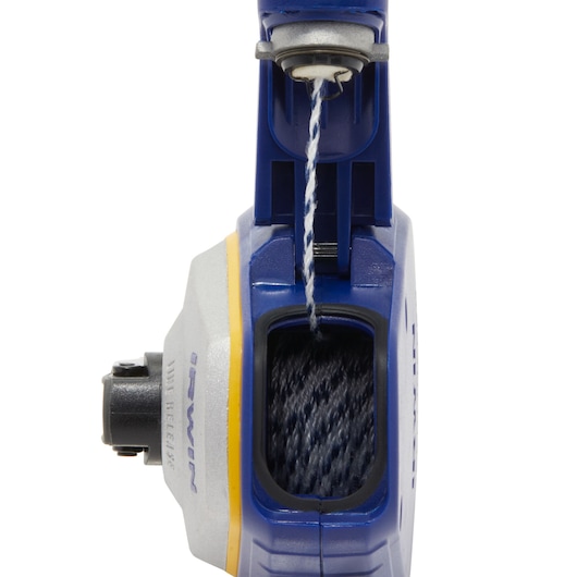 IRWIN chalk line reel SKU 1932876 front view, blue and silver casing, visible chalk line spool.