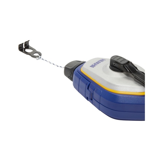 IRWIN chalk line reel 1932876 with blue and silver casing, black handle, and metal hook, angled on white background.