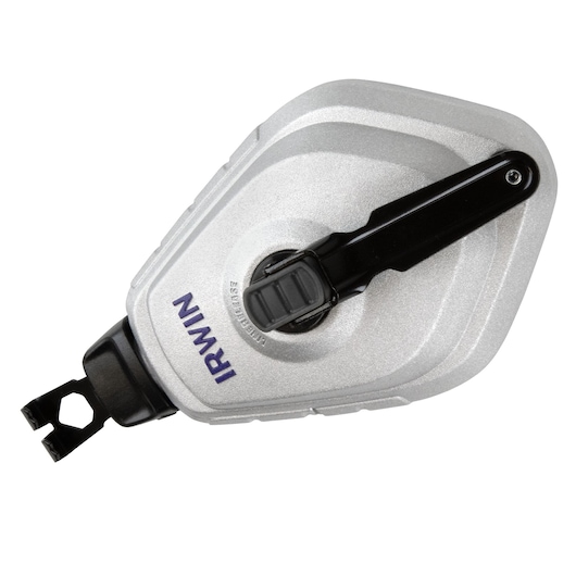 IRWIN silver and black chalk line tool, SKU 1932877, shown in top view on white background.