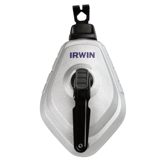 IRWIN chalk line tool, SKU 1932877, silver body with black handle, front view on white background.