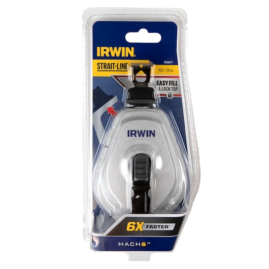 IRWIN Strait-Line chalk reel, 100 ft, silver and black, front angle, in retail packaging, 1932877.