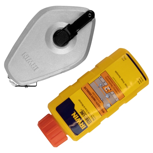 IRWIN 1932882 chalk reel and yellow chalk bottle, white background, top view.