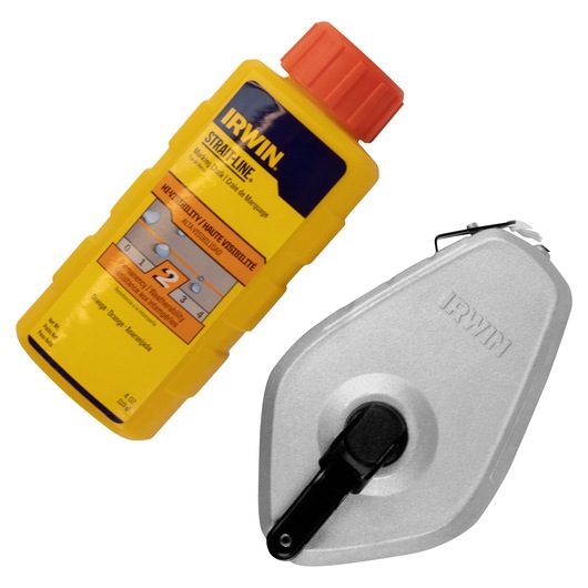 IRWIN chalk line reel and yellow chalk refill bottle, model 1932882, on white background, angled view.