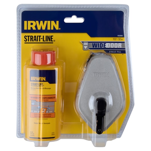 IRWIN Strait-Line chalk line kit with silver reel and orange marking chalk, retail packaging, front angle 1932882
