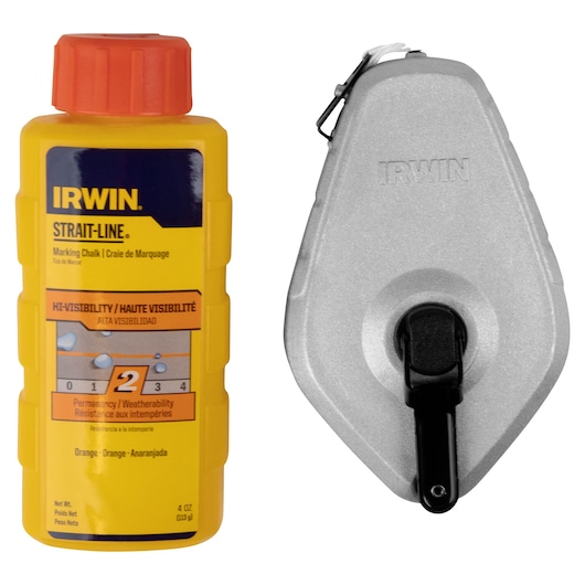 IRWIN 1932882 marking chalk bottle and silver chalk line reel front view on white background.