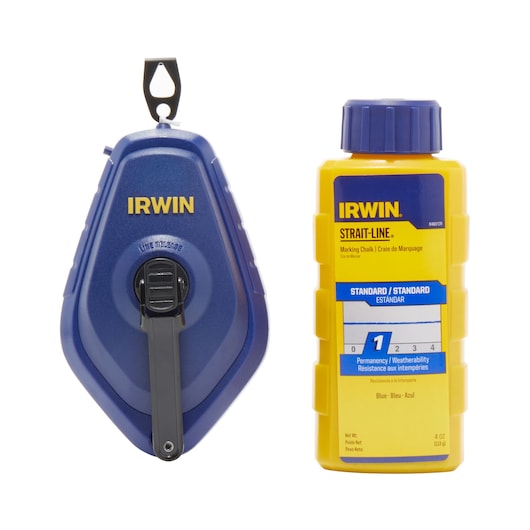 IRWIN 1932883 chalk line kit with blue chalk bottle and blue chalk reel, front angle on white background.