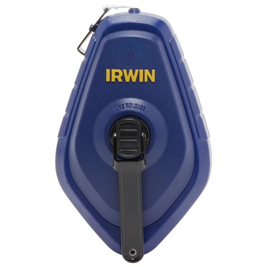 IRWIN 1932883 blue chalk line reel, front angle, featuring black crank handle and yellow IRWIN logo.
