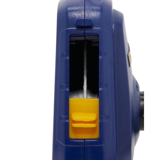 IRWIN 1932883 chalk line reel close-up, blue casing with yellow spool, photography on white background.