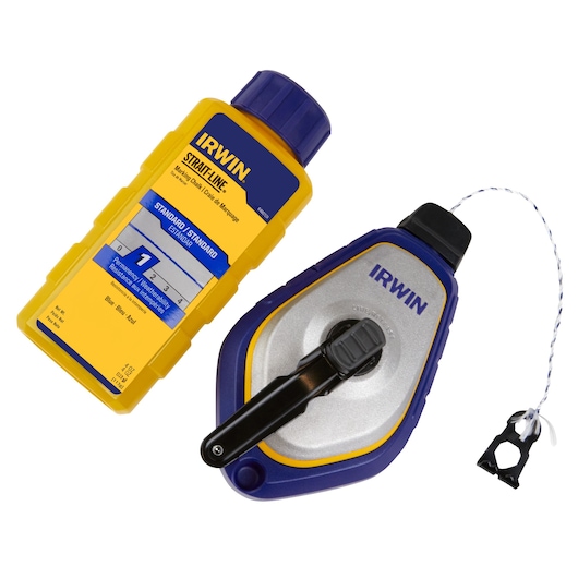 IRWIN chalk line reel and chalk refill SKU 1932887, blue and yellow, white background, top angle.