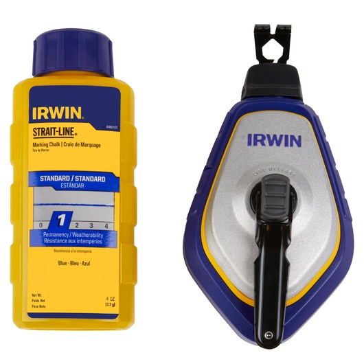 IRWIN 1932887 marking chalk bottle and chalk line reel in yellow and blue, front angle on white background.