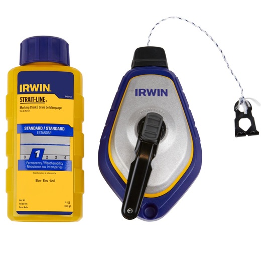 IRWIN 1932887 marking chalk and chalk line reel set, blue color, front angle on white background.