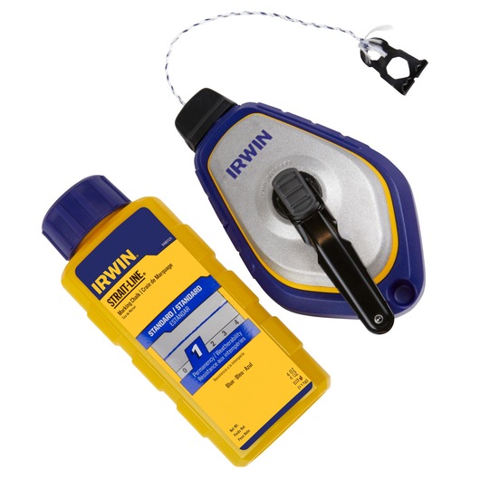 IRWIN 1932887 chalk line reel and yellow marking chalk bottle, product photo on white background.