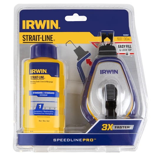 IRWIN 1932887 chalk line reel and blue marking chalk set in retail packaging, front angle on white background.