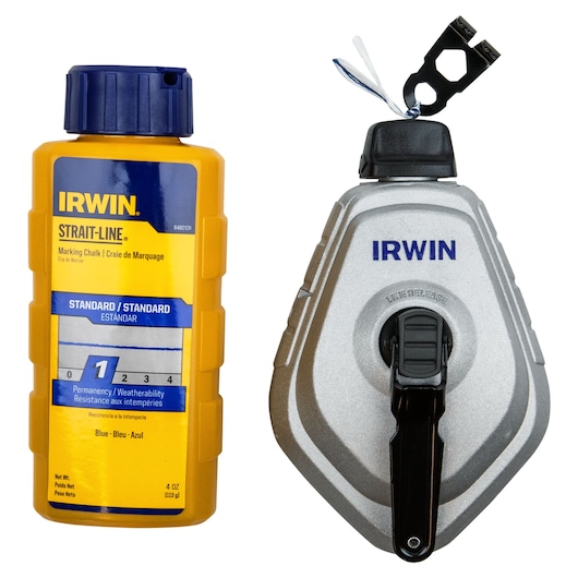 IRWIN chalk reel set SKU 1932889 with yellow marking chalk bottle and silver chalk line reel, front angle, white background.