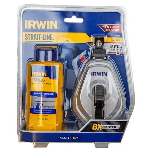 IRWIN STRAIT-LINE chalk reel kit, includes yellow bottle of marking chalk and silver chalk line reel, front view 1932889.