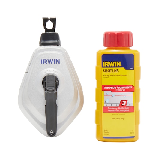 Photo of IRWIN 1932890 chalk line reel and yellow IRWIN marking chalk bottle, front view on white background.