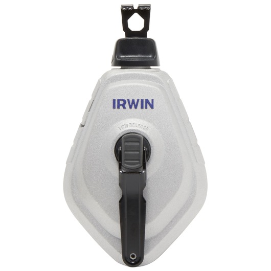 IRWIN 1932890 chalk line reel, silver and black, front view on white background.