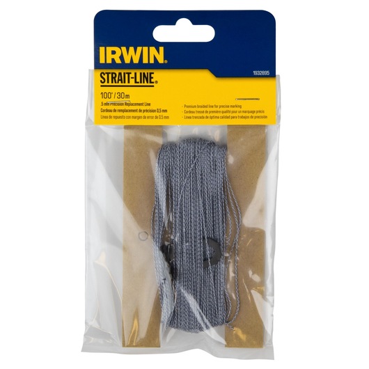 IRWIN braided precision replacement line 1932895, 100 ft gray string in retail packaging, front angle.