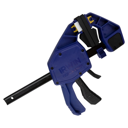 Photo of IRWIN QUICK-GRIP blue and black one-handed bar clamp, SKU 1964711, angled on white background.