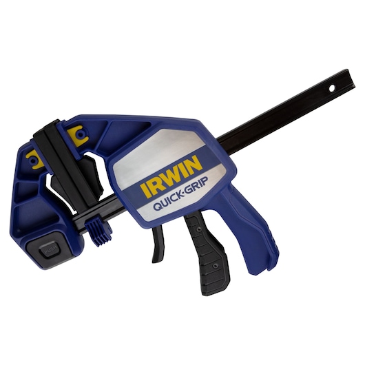 IRWIN 1964711 blue and yellow quick-grip bar clamp, angled view on white background.