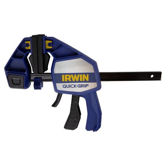 IRWIN bar clamp QUICK-GRIP model 1964711, blue and black, side angle on white background.