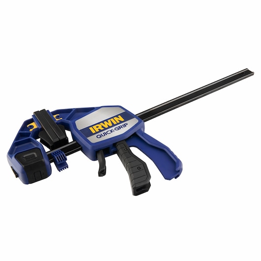 Photo of IRWIN 1964712 one-handed blue and black bar clamp, product angled on a white background.