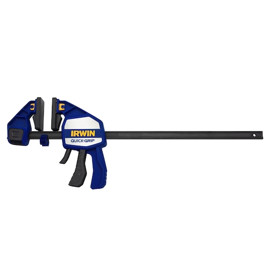 Photo of IRWIN 1964713 blue and black quick-grip bar clamp, side angle view, on white background.