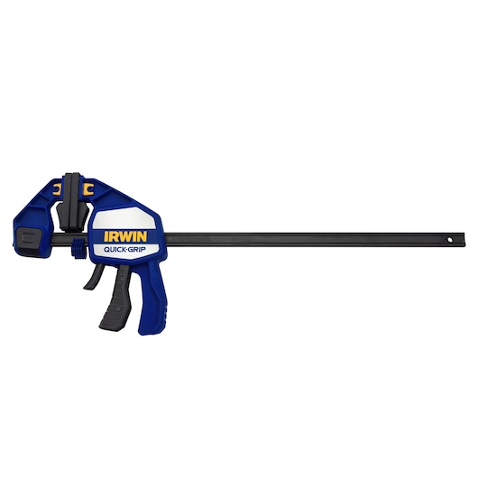 Photo of IRWIN Quick-Grip bar clamp 1964713, blue and black, side view on white background.