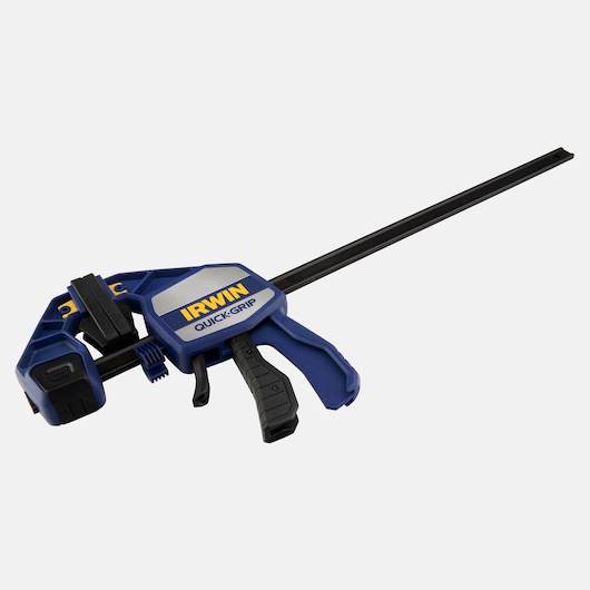 IRWIN QUICK-GRIP blue and black bar clamp with trigger handle, front angle, 1964713.