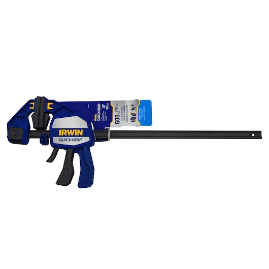 Photo of IRWIN 1964713 blue and black QUICK-GRIP bar clamp, side view, product tag attached.