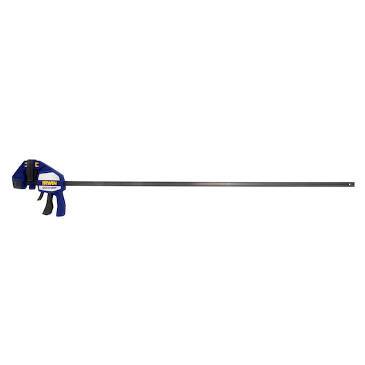IRWIN blue and yellow bar clamp with trigger handle, SKU 1964716, front angle on white background.