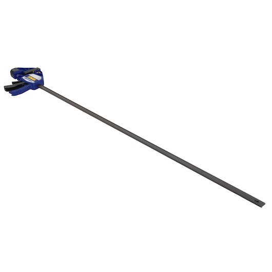 IRWIN 1964716 bar clamp with blue and black handle, angled on white background.