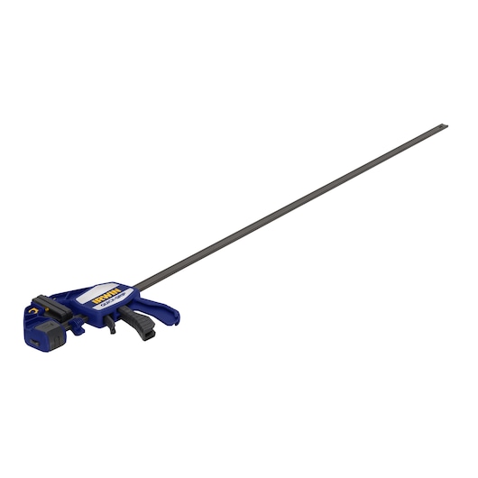 IRWIN bar clamp with blue handle and black metal bar, SKU 1964716, side angle on white background.