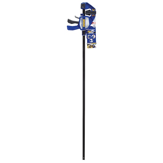 Photo of IRWIN 1964716 bar clamp with blue and black grip, front angle on white background.